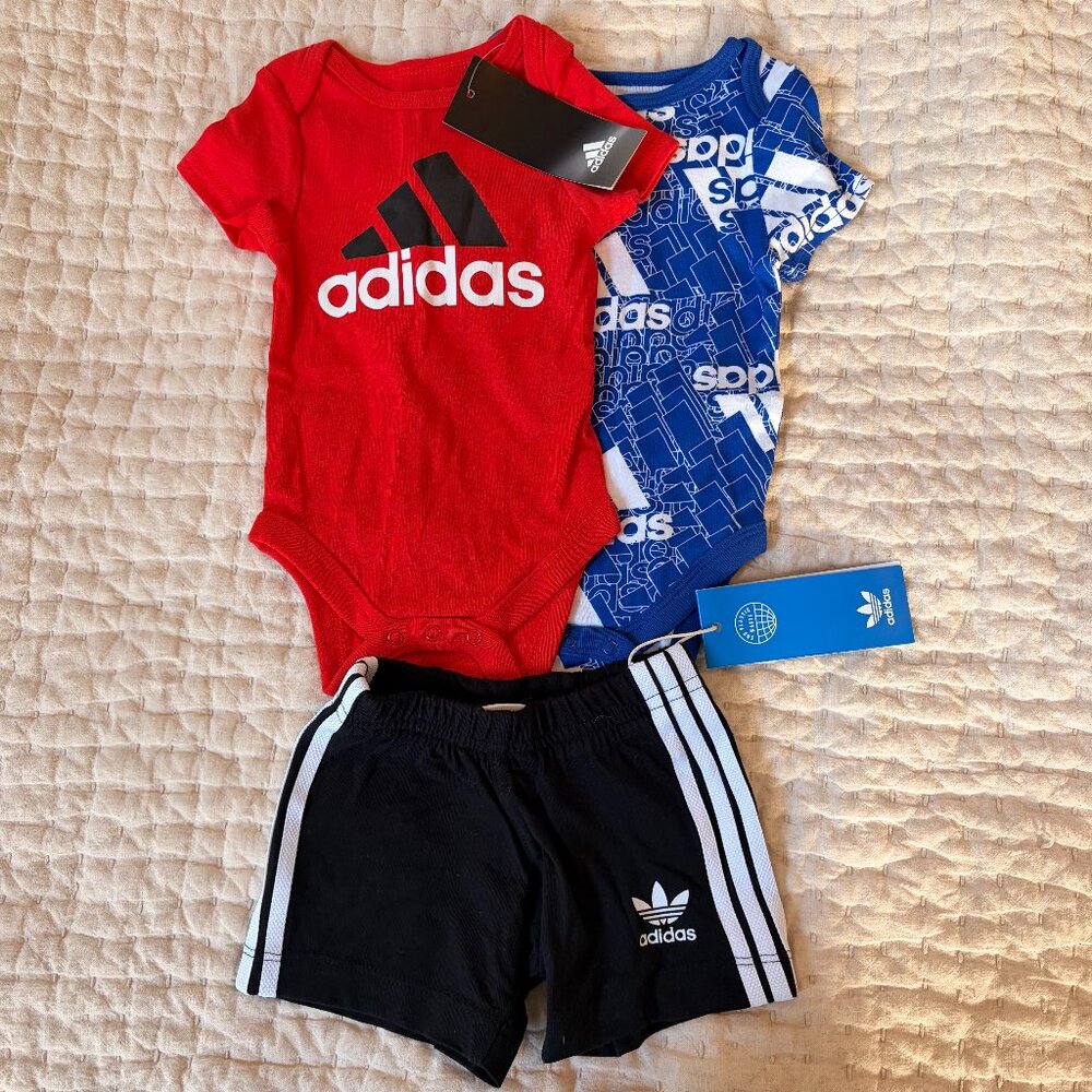 Adidas Baby 0-3M Outfit 3-Piece Set Shorts One-Piece Bodysuits